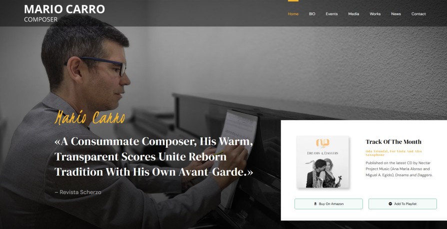 parte superior de una web de un artista musical